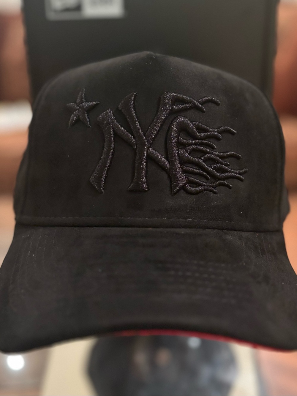 New York Yankees All Black Suede With Red Under Visor SnapBack Hat